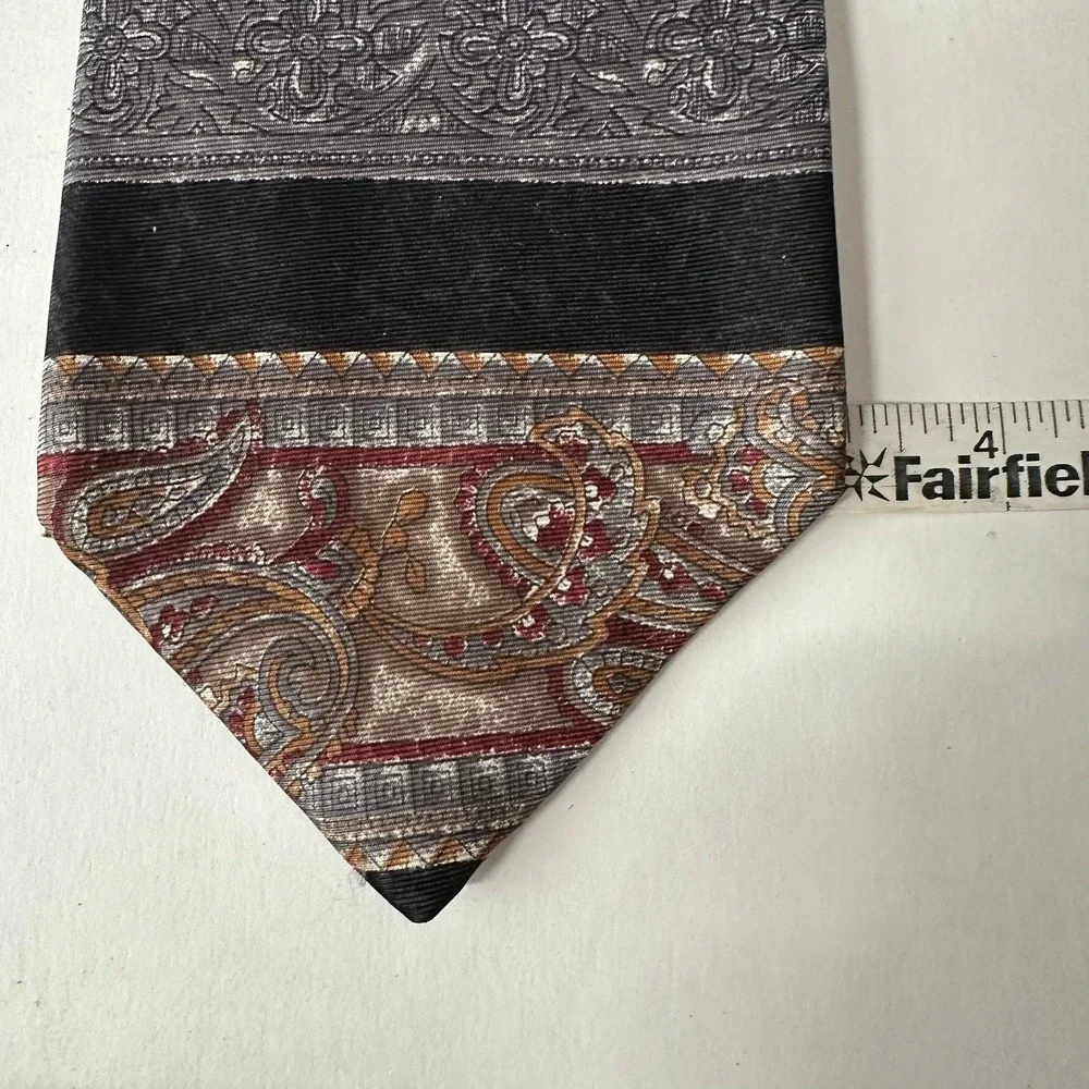 Surrey Mens Silk Tie Paisley Floral Striped Black Silver Burgundy Made in USA